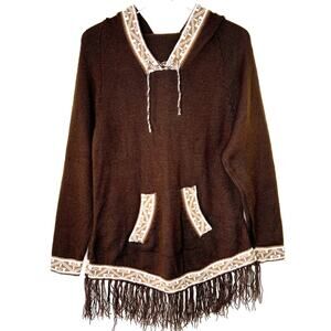 Alpaca Wool Hooded Pullover Sweater Geometric Trim Brown Knit Tassel Fringe MED